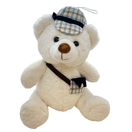 Urso de Pelúcia com Boina e Bolsinha - Branco - 27,5cm - 1 unidade - Rizzo
