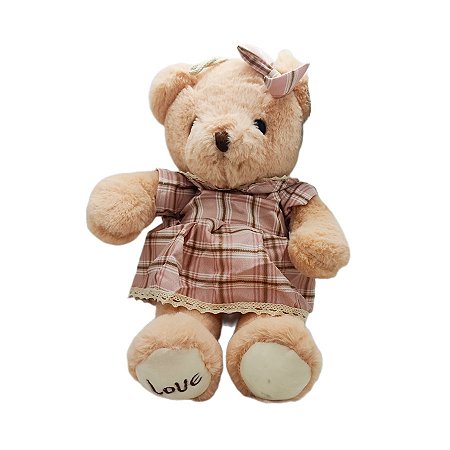 Urso de Pelúcia com Vestido Xadrez - Rosa - 37cm - 1 unidade - Rizzo