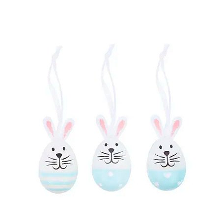 Ovo de Páscoa Decorativo para Pendurar - Coelhinhos Azul e Branco - 8x4cm - 9 unidades - Cromus - Rizzo