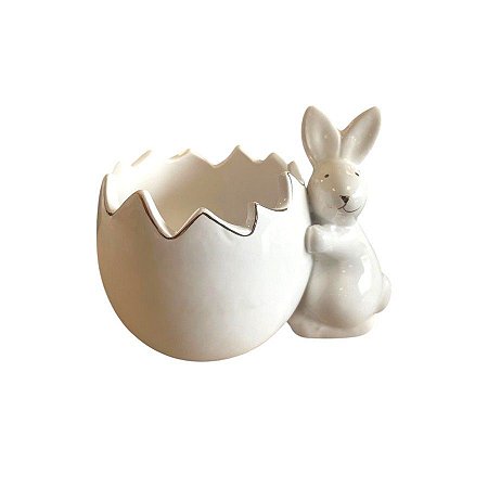 Enfeite Decorativo Páscoa - Ovo e Coelho Cerâmica Branca - 9cm - 1 unidade - Cromus - Rizzo