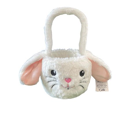 Cesta de Pelucia de Páscoa - Coelho Branco e Rosa - 24cm - 1 unidade - Rizzo
