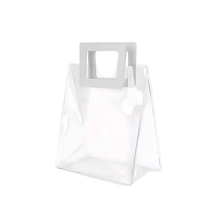 Sacola Transparente PVC com Alça Quadrada de Couro Branco - 20x18x10cm - 10 unidades - Rizzo