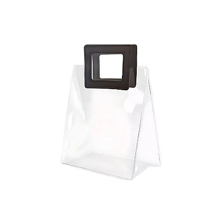 Sacola Transparente PVC com Alça Quadrada de Couro Preto - 20x18x10cm - 10 unidades - Rizzo