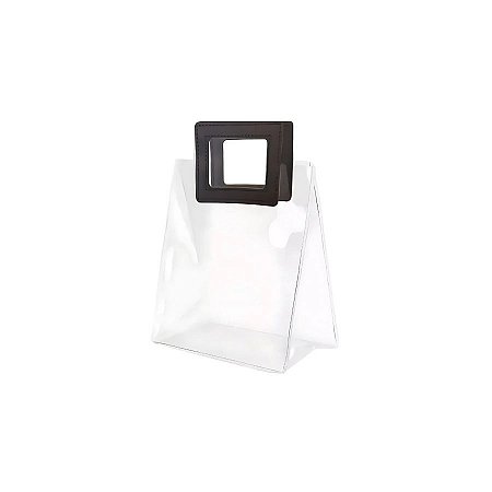 Sacola Transparente PVC com Alça Quadrada de Couro Preto - 15x15x10cm - 10 unidades - Rizzo