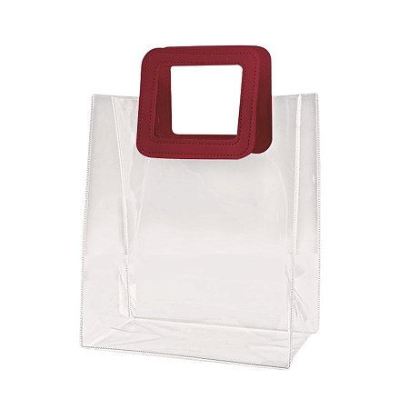 Sacola Transparente PVC com Alça Quadrada de Couro Vinho - 26x22x12cm - 10 unidades - Rizzo
