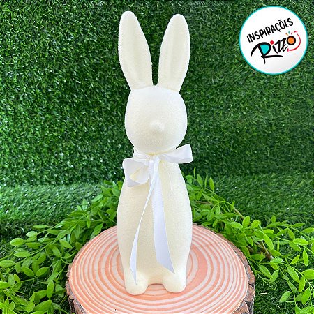 Enfeite Decorativo de Páscoa - Coelho Creme Flocado com Laço Branco - 40cm - 1 unidade - Cromus - Rizzo