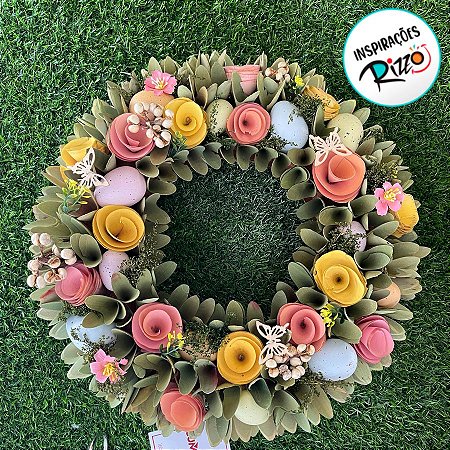 Guirlanda de Páscoa - folhas, flores e Ovos Coloridos - 40cm - 1 unidade - Cromus - Rizzo