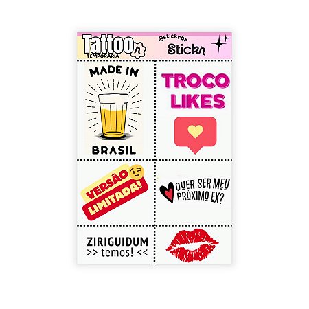 Tatuagem Temporária Para Pele de Carnaval - Troco Likes - 6 Tatuagens - Stickr - Rizzo