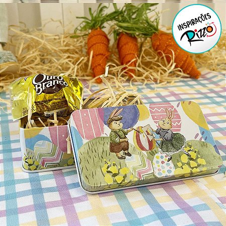 Lata de Metal Retangular de Páscoa - Casal de Coelhos Pintores - 11,5cm - 1 unidade - Rizzo