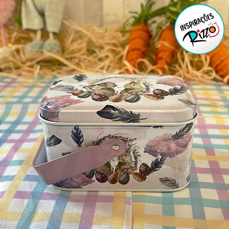Lata de Metal Retangular com Alça de Páscoa - Casal de Coelhos - 10,5x7,8x6,4cm - 1 unidade - Rizzo