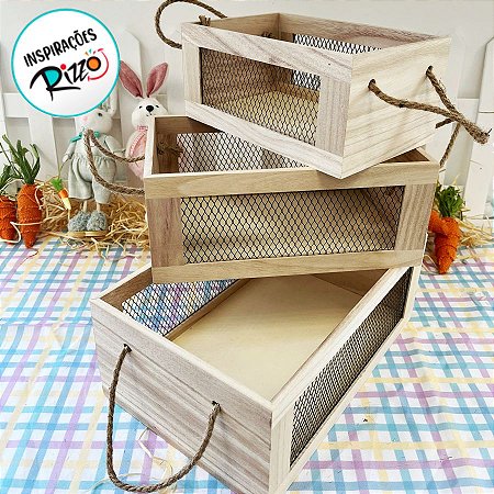 Kit Caixote Decorativo com Tela nas Laterais e Alça - P 22cm / M 26cm / G 30cm - 3 unidades - Cromus  - Rizzo