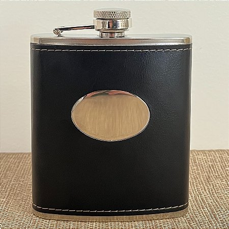 Cantil Inox com Couro Preto de Bolso para Whisky - Modelo 2 - 175ml - 1 unidade - Rizzo
