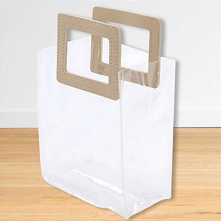 Sacola Transparente PVC Com Alça Retangular Couro Bege - 25x22x12cm - 1 unidade - Cromus - Rizzo