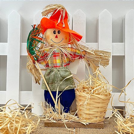 Enfeite Decorativo De Festa Junina Com Base Espantalho Com Cesta e Vassoura - Laranja - 1 unidade - Rizzo