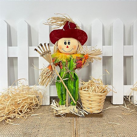 Enfeite Decorativo De Festa Junina Com Base Espantalho Com Cesta e Rastelo - Vermelho - 1 unidade - Rizzo