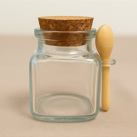 Mini Pote de Vidro Quadrado com Tampa de Rolha e Colherzinha de Madeira – 5x7x6,5cm - 90 ml - 1 unidade - Rizzo