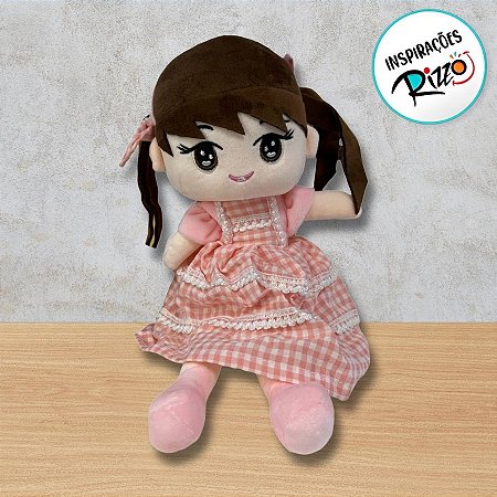 Boneca De Pelúcia Com Vestido Xadrez - Rosa - 35cm - 1 unidade - Rizzo