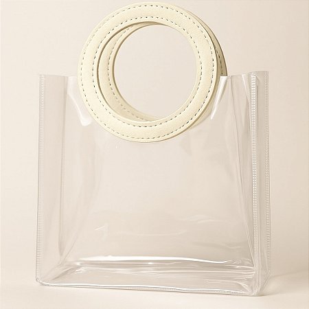 Sacola Transparente PVC com Alça Redonda de Couro Branco - 15x15x10cm - 1 unidade - Rizzo