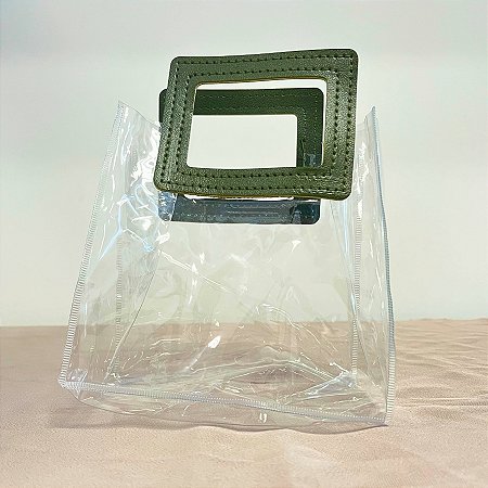 Sacola Transparente PVC com Alça Quadrada de Couro Verde Musgo - 15x15x10cm - 1 unidade - Rizzo