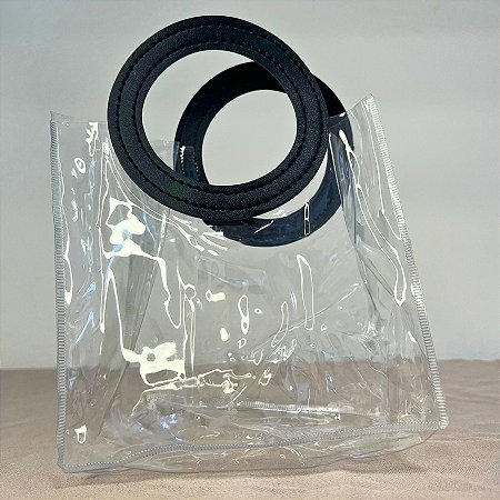 Sacola Transparente PVC com Alça Redonda de Couro Preto - 15x15x10cm - 1 unidade - Rizzo