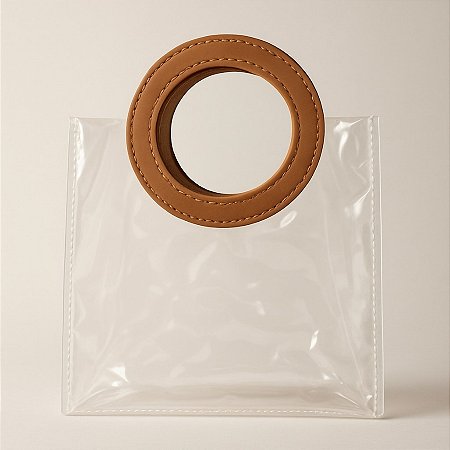 Sacola Transparente PVC com Alça Redonda de Couro Marrom - 15x15x10cm - 1 unidade - Rizzo