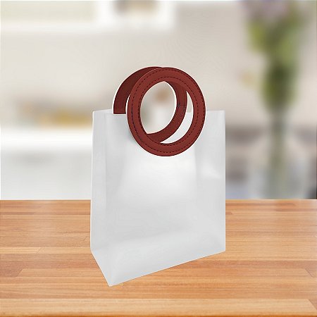 Sacola Transparente Fosca PVC com Alça Redonda de Couro Marsala - 23x20x10cm - 10 unidades - Rizzo