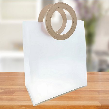 Sacola Transparente PVC com Alça Redonda de Couro Bege - 26x32x14,5cm - 12 unidades - Rizzo