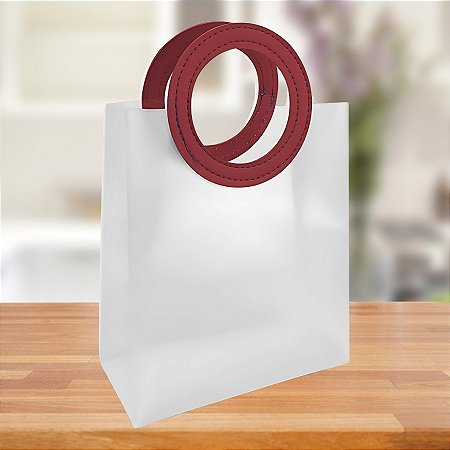 Sacola Transparente PVC com Alça Redonda de Couro Vinho - 26x32x14,5cm - 12 unidades - Rizzo