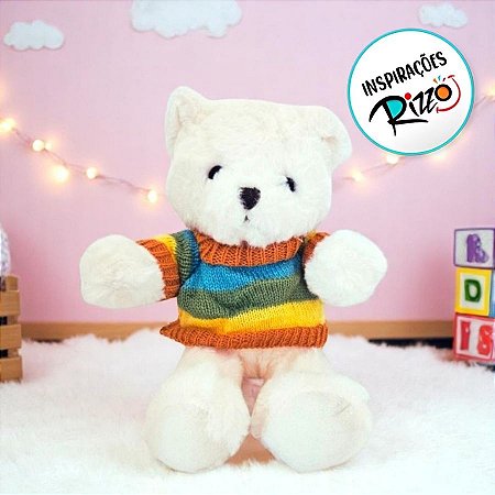 Urso De Pelúcia Com Suéter Colorido - Branco - 29cm - 1 unidade - Rizzo