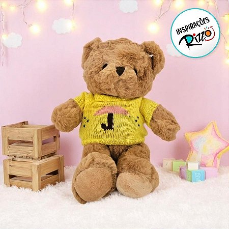 Urso De Pelúcia Com Suéter Amarelo - Marrom - 29cm - 1 unidade - Rizzo