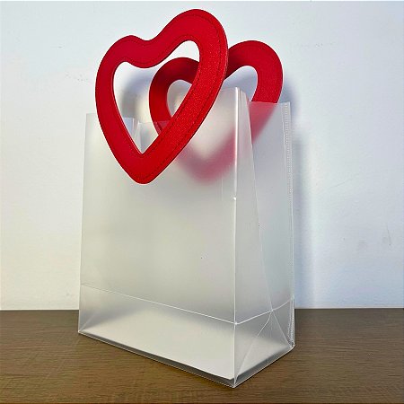 Sacola Transparente PVC com Alça Coração Vermelho - 16x15x8cm - 10 unidades - Rizzo