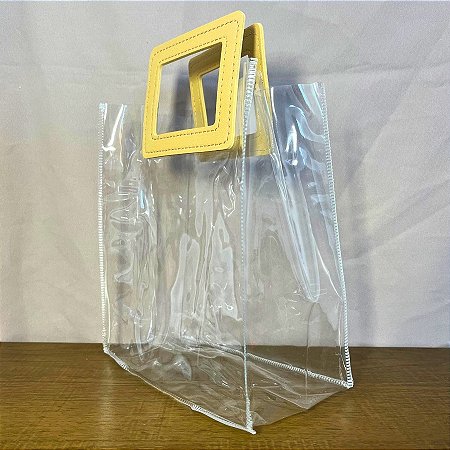 Sacola Transparente PVC com Alça Retangular de Couro Bege - 18x20x10cm - 10 unidades - Rizzo