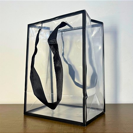 Sacola Transparente PVC Com Borda e Alça de Cordão Preta - 15x10x20cm - 10 unidades - Rizzo