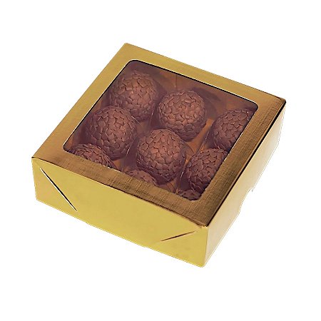 Caixa Para Doces com Visor - Ouro - 12x12x4cm - 20 unidades - Rizzo