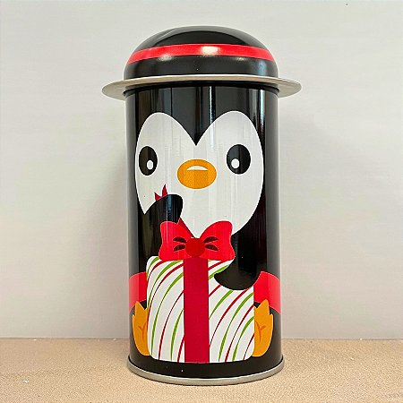 Lata De Metal De Natal - Pinguim Abrindo Presente - 5,5x11cm - 1 unidade - Rizzo