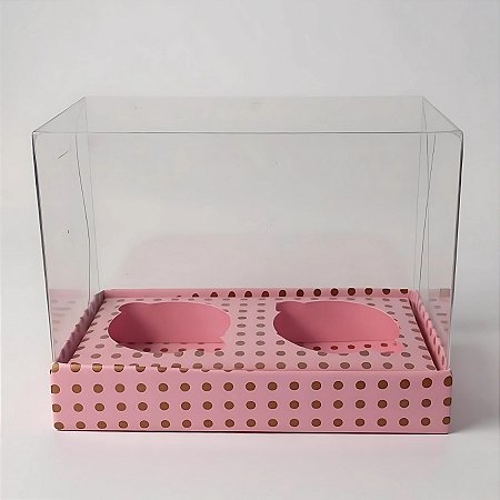 Caixa Mini Cupcake Com Tampa Transparente 2 Cavidades (11x9x5,5cm) Rosa com Bolinhas Marrons - 10 unidades - Assk - Rizz