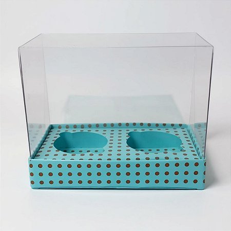 Caixa Mini Cupcake Com Tampa Transparente 2 Cavidades (11x9x5,5cm) Azul com Bolinhas Marrons - 10 unidades - Assk - Rizz