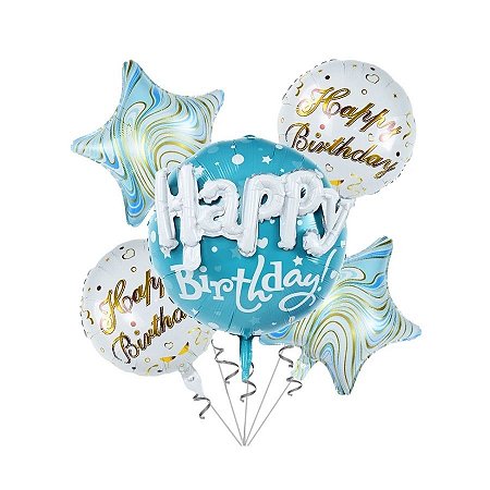 Kit Balão De Festa Micro Foil Happy Birthday - Azul - 22' - 55cm - 6 unidades - Rizzo