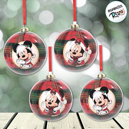 Bola de Natal - Mickey e Minnie - Xadrez - 8cm - 4 unidades - Disney Original - Rizzo