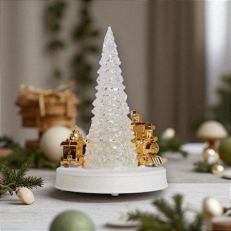 Cenário de Natal - Árvore Rotativa Com Trem Dourado com Som, Led e Movimento - 32cm  - 1 unidade - Cromus - Rizzo