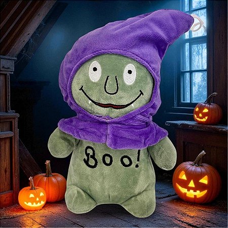 Monstrinho de Pelúcia com Touca "Boo!" - Verde e Roxo - 25,5cm - 1 unidade - Rizzo