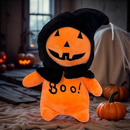 Abóbora de Pelúcia Com Touca "Boo!" - Laranja e Preto - 26cm - 1 unidade - Rizzo
