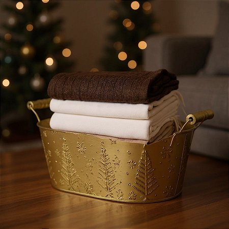 Cachepot De Metal De Natal - Pinheiros e Flocos De Neve - Dourado - 14,5x34,5cm - 1 unidade - Cromus - Rizzo