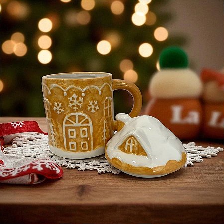 Caneca De Cerâmica Com Tampa - Casa Ginger Bread - 440ml - 1 unidade - Cromus - Rizzo
