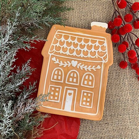 Bandeja Decorativa De Natal De Cerâmica - Casa Ginger Bread - Marrom e Branco - 19cm  - 1 unidade - Cromus - Rizzo