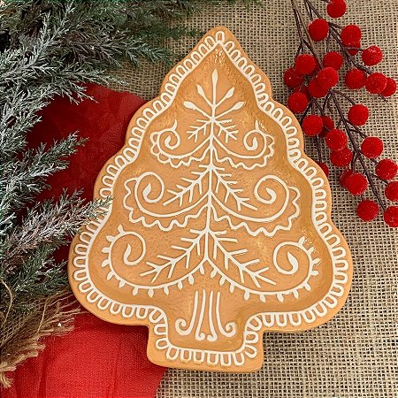 Bandeja Decorativa De Natal De Cerâmica - Pinheiro Ginger Bread - Marrom e Branco - 26,5cm  - 1 unidade - Cromus - Rizzo