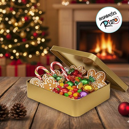 Lata de Metal Quadrada - Dourado - 19,5x19,5x5,5cm - 1 unidade - Rizzo