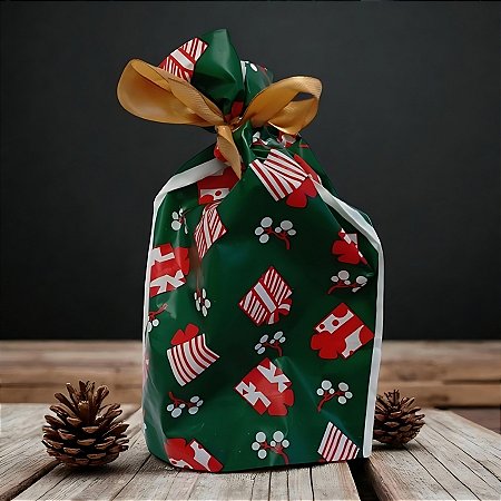 Saco Para Presente Decorado - Presentes Verde - 15x23cm - 50 unidades - Rizzo