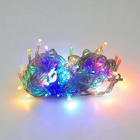 Cordão de LED Pisca Pisca Luz Colorida com Fio Transparente 100 Leds de 8 Funções - 10m - 1 unidade - Rizzo