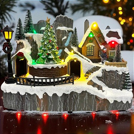 Cenário De Natal - Vila Natalina Com Trenzinho e Árvore de Natal - 23x15x18cm - 1 unidade - Rizzo